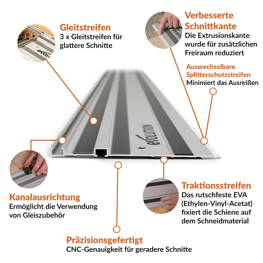 Evolution ST1400-G2 Führungsschiene Kreissägen Universal passend für die meisten Marken Makita, Metabo Bosch, Festool, 1,4m (2 x 700 mm ) Selbstausrichtende Verbindungsschienen, Endanschlag-Zubehör