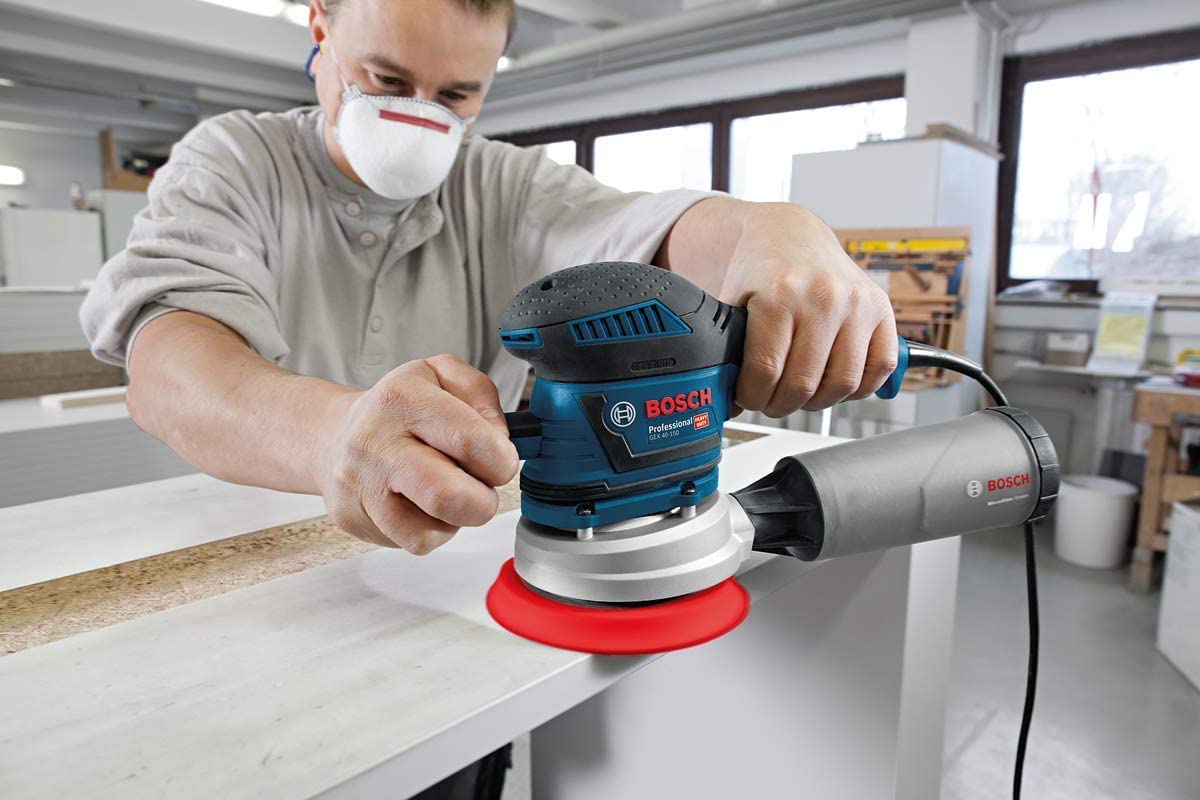 Bosch Professional Exzenterschleifer GEX 40-150 (inkl. Staubbox, Schleifteller-⌀ 150mm, Netzschleifblatt M480, Winkelschraubendreher, L-BOXX)