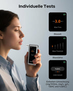LAFMATE AT-160 Alkoholtester, hochpräziser Promilletester mit Alarmschwelleneinstellung, Breathalyzer mit digitaler LCD-Anzeige, Speicherfunktion, Typ-C-Laden, 10 Mundstücke für Heimgebrauch