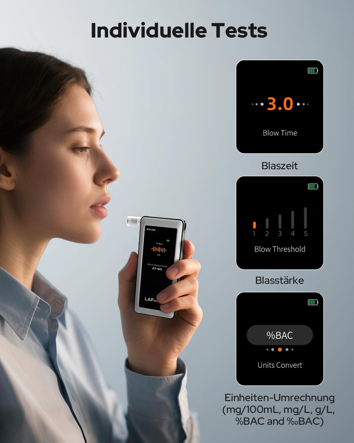 LAFMATE AT-160 Alkoholtester, hochpräziser Promilletester mit Alarmschwelleneinstellung, Breathalyzer mit digitaler LCD-Anzeige, Speicherfunktion, Typ-C-Laden, 10 Mundstücke für Heimgebrauch