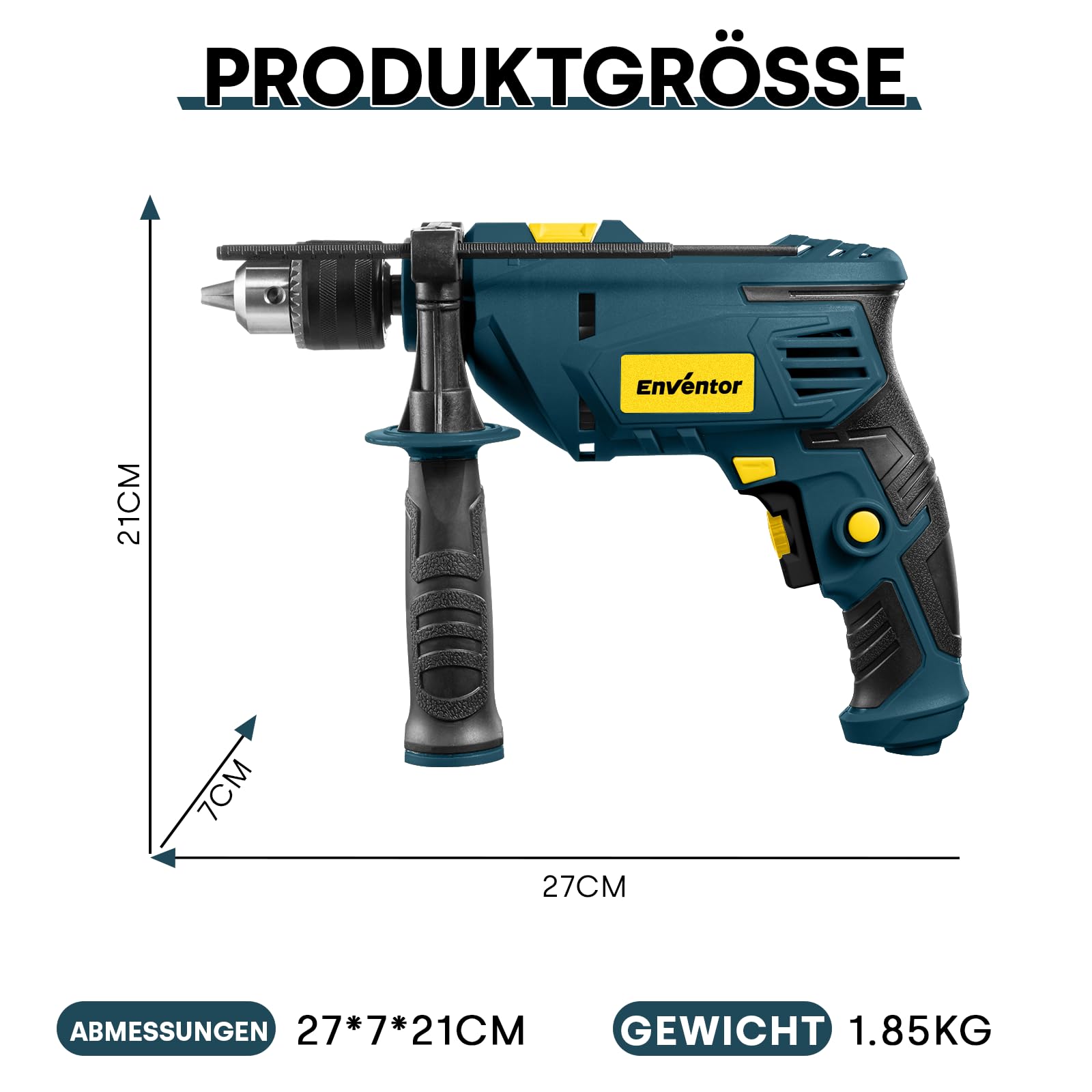 ENVENTOR 900W Schlagbohrmaschine, Elektrische Bohrmaschine mit 36 Stück Zubehör, 2-in-1 Funktion, 0–3000 RPM, 360° Zusatzgriff, 13mm Bohrfutter, für Beton, Metall und Holz