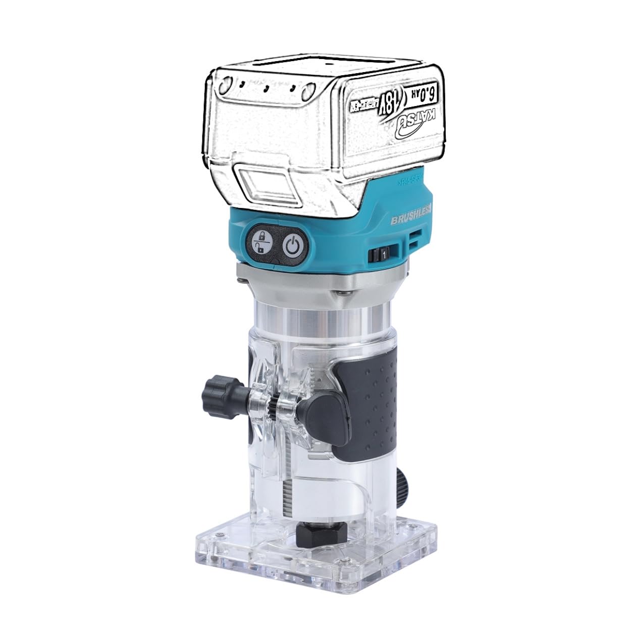KATSU FIT-BAT 18V/21V Brushless Akku-Oberfräse Holzfräse Kantenfräse mit Trimmer-Basis, 3 Spannzangen 1/4", 6 mm und 8 mm, Ohne Akku und Ladegerät 102770