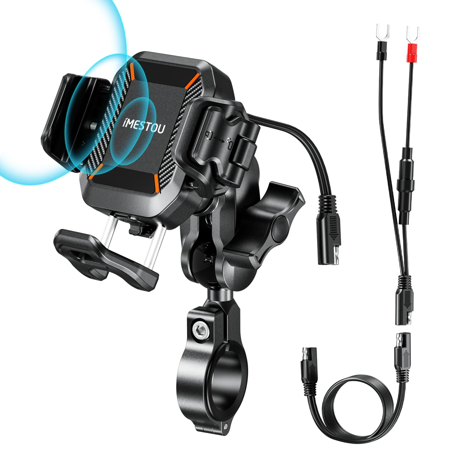 iMESTOU Kabellose USB-C Handyhalterung für Motorrad, Vibrationsdämpfend und Wasserdicht, 2,5 cm Kugel Qi Handyhalterung, Geeignet für 4,7"-7,2" mit max. 15mm Dicke Handys, Passend für 22–32 mm Lenker