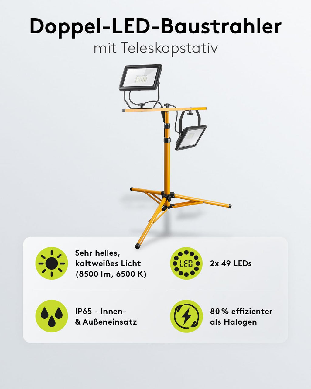 Goobay 2 x 50W Baustrahler LED mit Stativ einstellbar und 2,5m Kabel für Baustelle, Werkstatt oder Keller - IP65 Baulampe LED für Innen- & Außenbereich - Strahler 2x8500 Lumen kaltweißes Licht 6500K