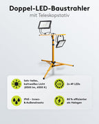 Goobay 2 x 50W Baustrahler LED mit Stativ einstellbar und 2,5m Kabel für Baustelle, Werkstatt oder Keller - IP65 Baulampe LED für Innen- & Außenbereich - Strahler 2x8500 Lumen kaltweißes Licht 6500K