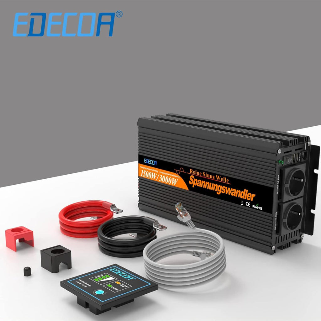 EDECOA 1500W Reiner Sinus Wechselrichter 12V auf 230V - Universal Batterie-kompatibel Lithium/AGM/Gel - 90% Effizienz - Fernbedienung & USB - 6-in-1 Schutz für Wohnmobile Camping 3000W Spitzenleistung