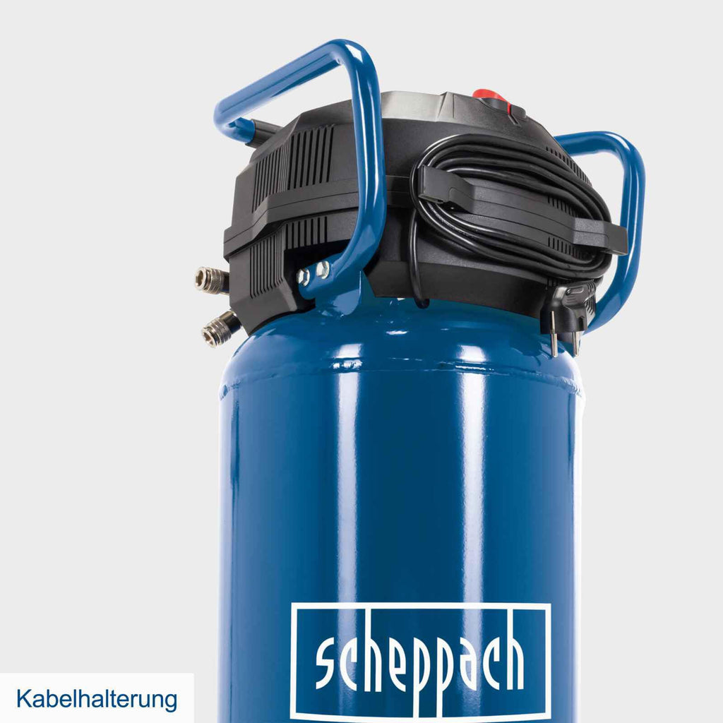 Scheppach Druckluft Kompressor stehend HC51V | 1500W mit 10bar Druck | 50L Kessel | Ansaugleistung 220 l/min | ölfrei/wartungsarm | Druckminderer, Fahrvorrichtung & 2 Schnellanschlusskupplungen