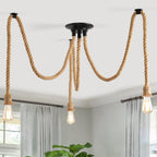 ANWIO Deckenlampe mit Hanfseil Kronleuchter, Vintage Industrielles Spinne Deckenleuchte E27, Hängelampe Hanfseil Pendellampe 3 Flammig für Wohnzimmer, Restaurant Halle, Stab, Café, Ohne Leuchtmitttel