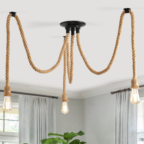 ANWIO Deckenlampe mit Hanfseil Kronleuchter, Vintage Industrielles Spinne Deckenleuchte E27, Hängelampe Hanfseil Pendellampe 3 Flammig für Wohnzimmer, Restaurant Halle, Stab, Café, Ohne Leuchtmitttel