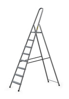 DRABEST - Stehleiter - mit 8 Stufen - bis 125 kg belastbar - 2,43 m lang - Arbeitshöhe 3,68 m - Trittleiter, Bockleiter aus Stahl pulverbeschichtet - für Haushalt, Malerarbeiten - Grau