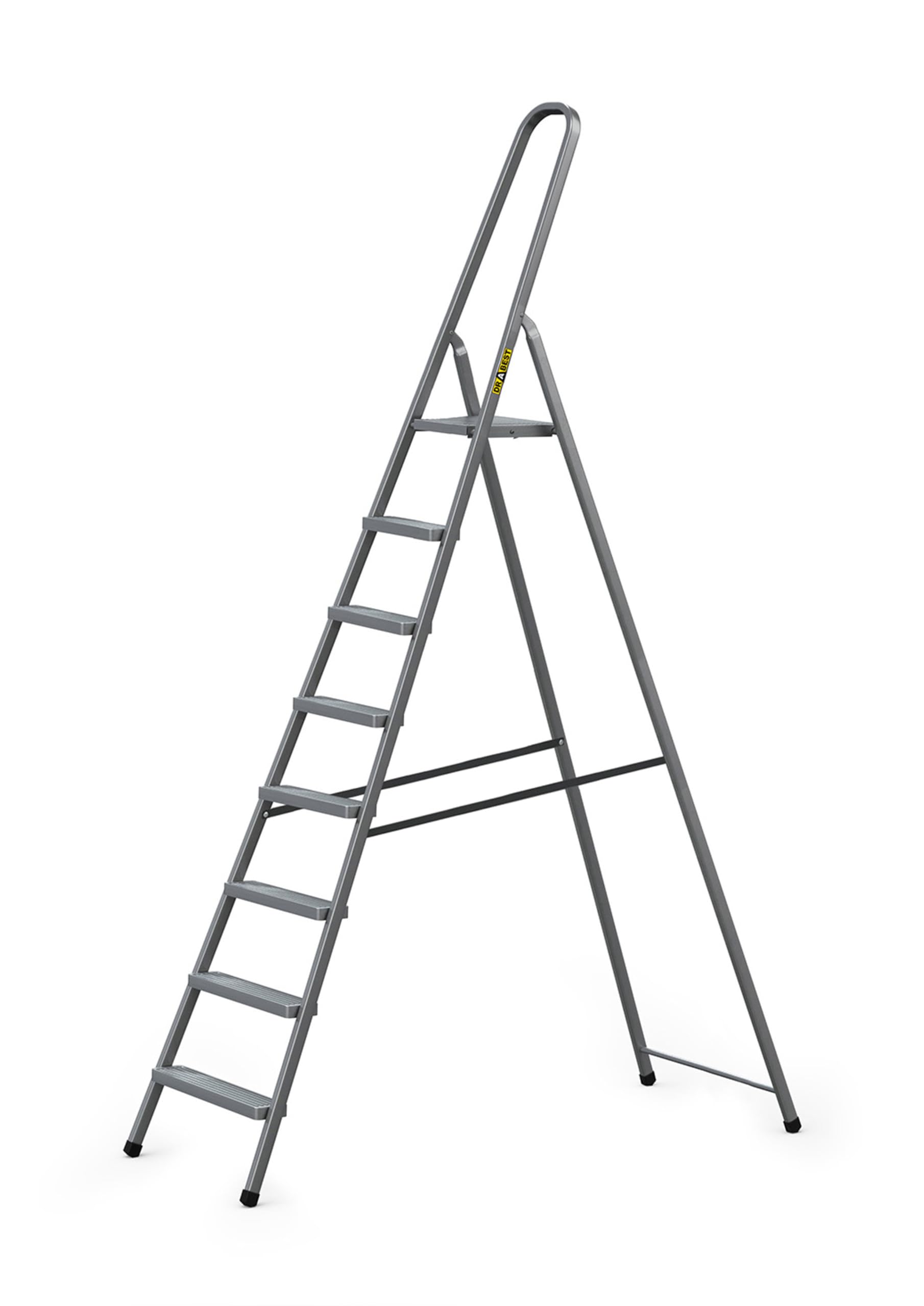 DRABEST - Stehleiter - mit 8 Stufen - bis 125 kg belastbar - 2,43 m lang - Arbeitshöhe 3,68 m - Trittleiter, Bockleiter aus Stahl pulverbeschichtet - für Haushalt, Malerarbeiten - Grau