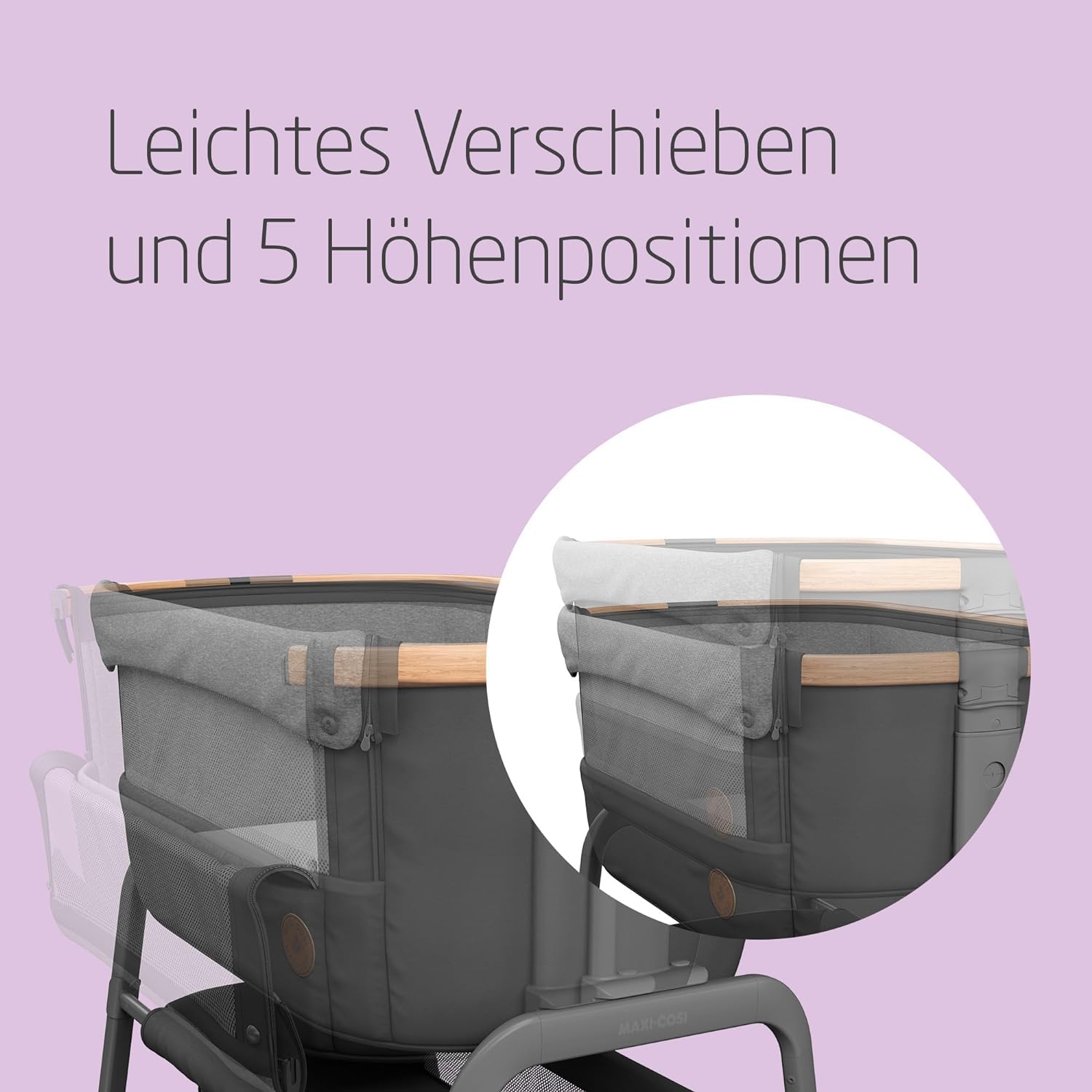 Maxi-Cosi Iora Beistellbett Baby, Faltbares Co-Sleeper, 0–6 Monate, max. 9 kg, 4 Neigungs- und 5 Höhenstufen, Leichtes Schieben, Bequeme Matratze, Großer Korb, Leicht zu Tragen, Essential Graphite