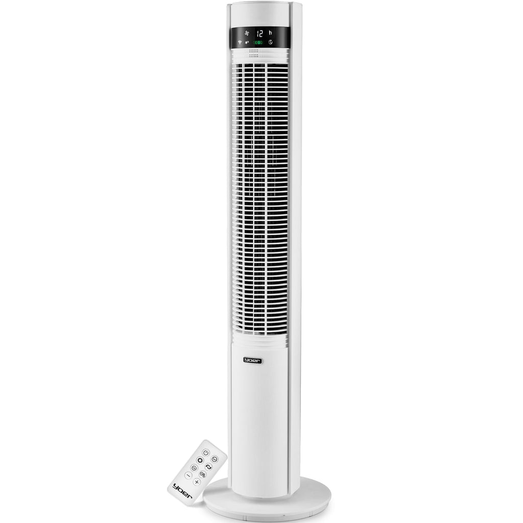 YOER 19dB Leiser Turmventilator, Plasma-Ionisator, 12 m Reichweite, 12 Geschwindigstufen, 3 Modi, 12 Std. Timer, 80° Oszillation, Fernbedienung, CoolWhisper TF07W, weiß