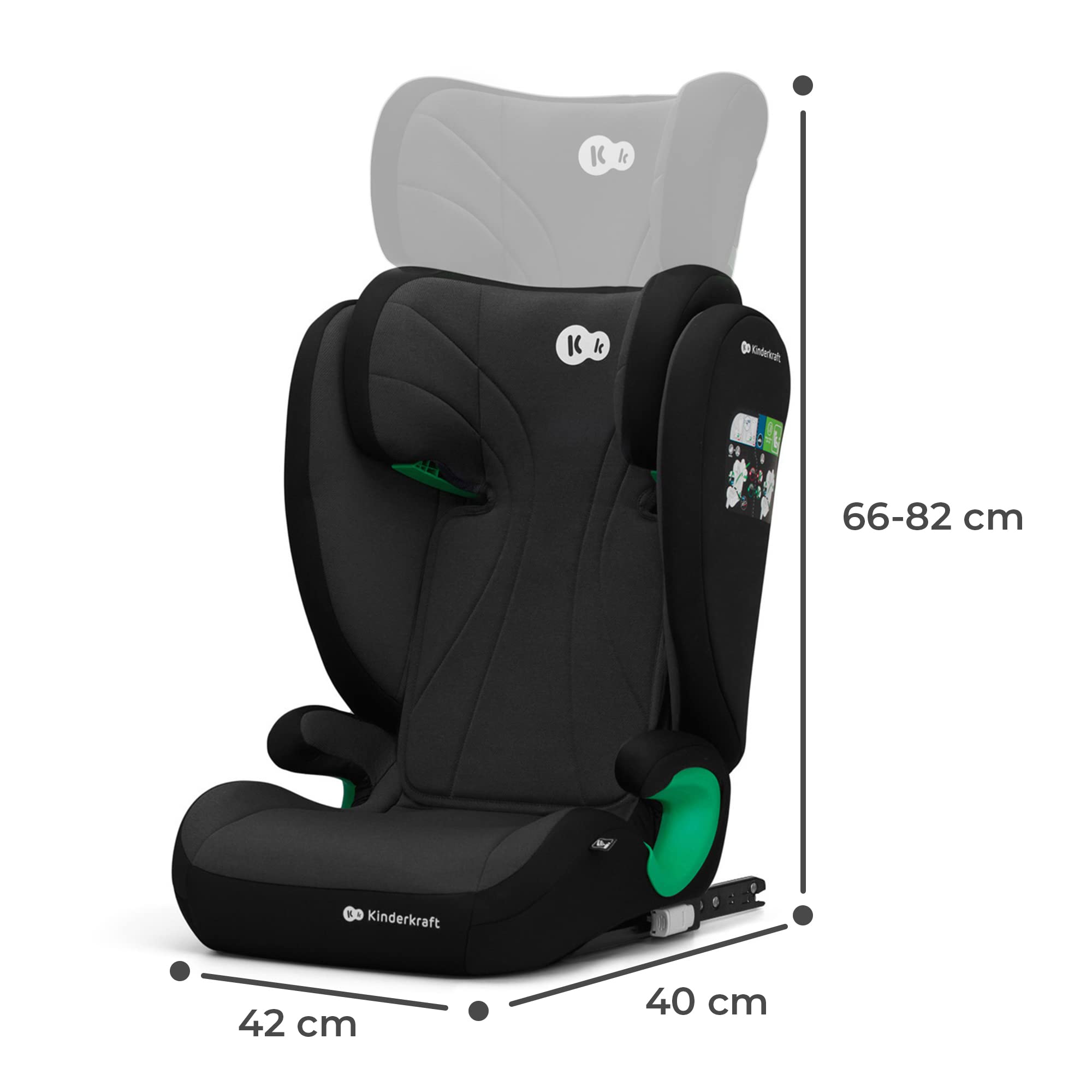 Kinderkraft JUNIOR FIX2 I-SIZE Kindersitz 15-36kg, Kinderautositz mit Isofix, Gruppe 2/3, 100-150 cm, Einstellbare Rückenlehne und Kopfstütze, spezielle Sicherheitssysteme, Leicht zu tragen, Schwarz