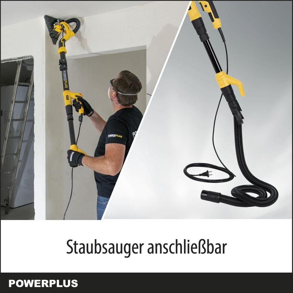 Powerplus Elektro-Trockenbauschleifer POWX0477-710W Elektrowerkzeug Schleifmaschine für Trockenbau - Wand und Deckenschleifer Schleifpapier Ø225mm - 1500min-1 - Teleskop - mit 12 Acc.