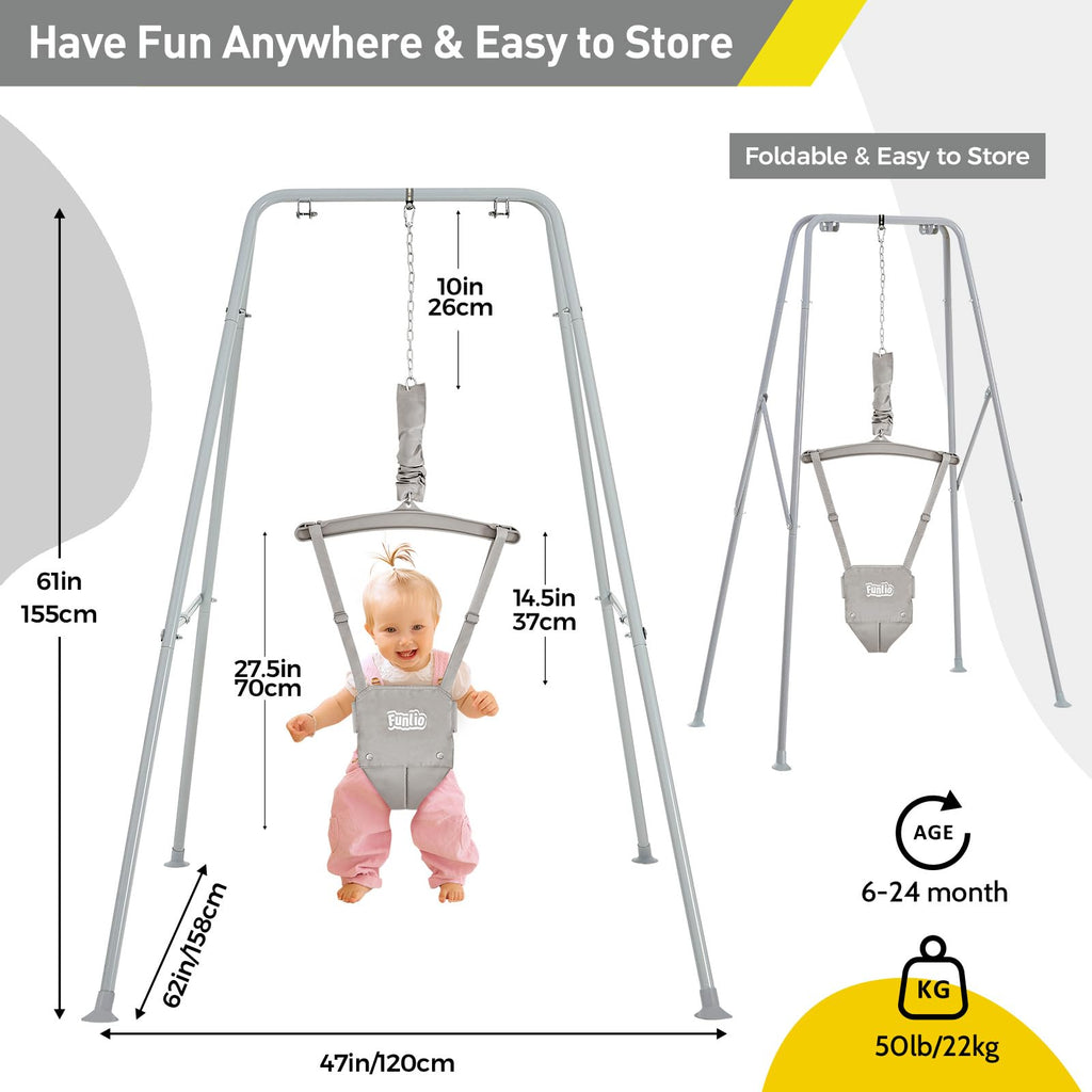 FUNLIO Baby Türhopser mit Ständer für 6–24 Monate, Baby Hüpfschaukel mit Gestell für Drinnen und Draußen, Tür Schaukel/Hängeschaukel für Kleinkinder mit Verstellbarer Kette, einfach zu Montieren-Grau