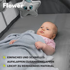 Lionelo Flower 4in1 Reisebett Baby mit Seiteneingang, Wickeltisch, Zwei Matratzenaufhängungshöhen, Spielzeugbogen mit Spielfiguren, Rollen, Tragetasche