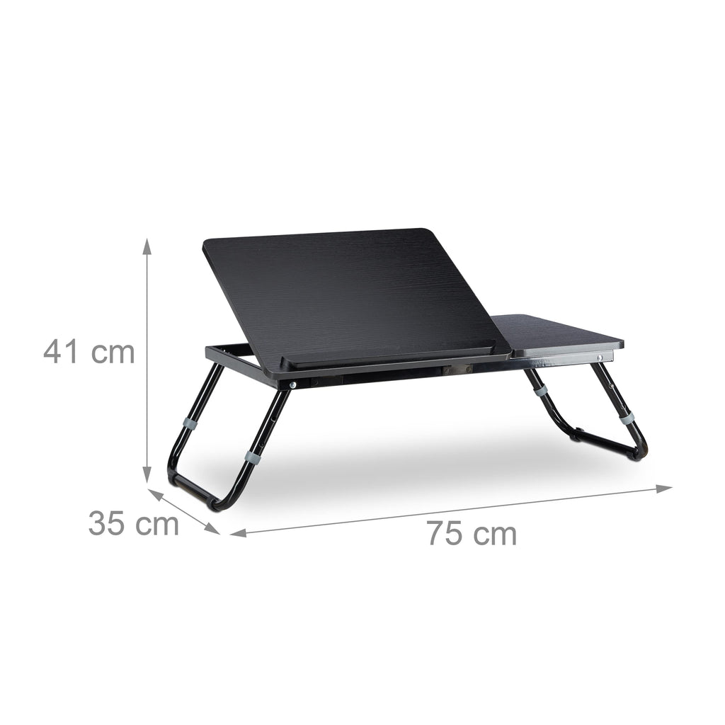 Relaxdays Laptoptisch, Lapschreibtisch, Betttisch, Betttablett, Notebooktisch, Beistelltisch, Laptop WTH 75 cm x 35 cm x 40 cm, Holz, schwarz, mit Leseklappe, höhenverstellbar, zusammenklappbar