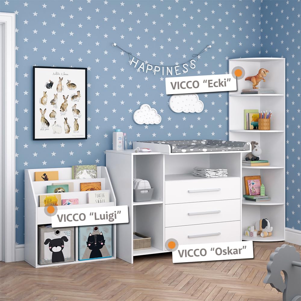 Vicco Kinderzimmer-Set Weiß Oskar 2 Teile, mit Wickelkommode und Spielzeugregal - 113x100x70 cm aus Spanplatte - Babymöbel Set für Kleinkinder, Durchdachte Möbellösung für Dein Zuhause