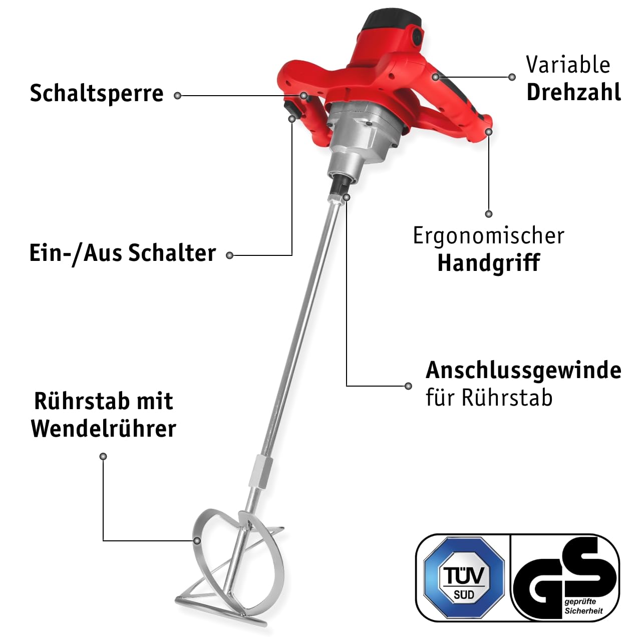 WALTER Farb- und Mörtelrührer 1400 Watt mit Softstartfmechanismus und elektronischer Drehzahlregelung inklusive Rondenrührer Ø 115mm