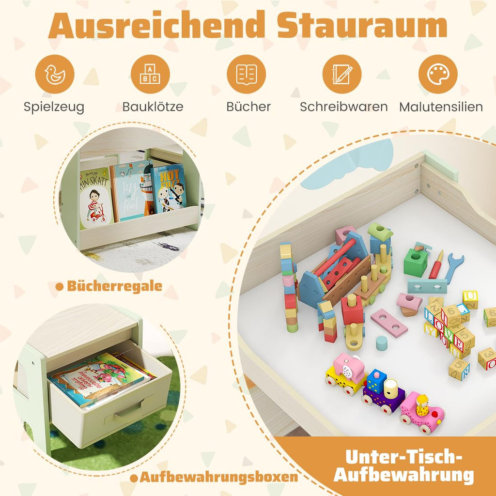 COSTWAY Kindertisch mit 2 Stühlen, 3 teilige Kindersitzgruppe aus Holz mit wendbarer Tischplatte, Bücherregalen & Aufbewahrungsboxen, 4 in 1 Kinder Maltisch mit Stauraum für ab 3 Jahren (Grün)