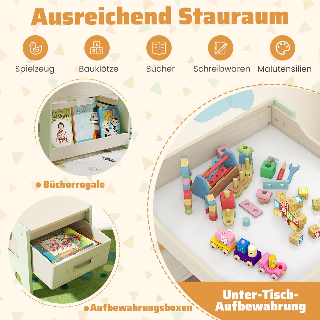 COSTWAY Kindertisch mit 2 Stühlen, 3 teilige Kindersitzgruppe aus Holz mit wendbarer Tischplatte, Bücherregalen & Aufbewahrungsboxen, 4 in 1 Kinder Maltisch mit Stauraum für ab 3 Jahren (Grün)