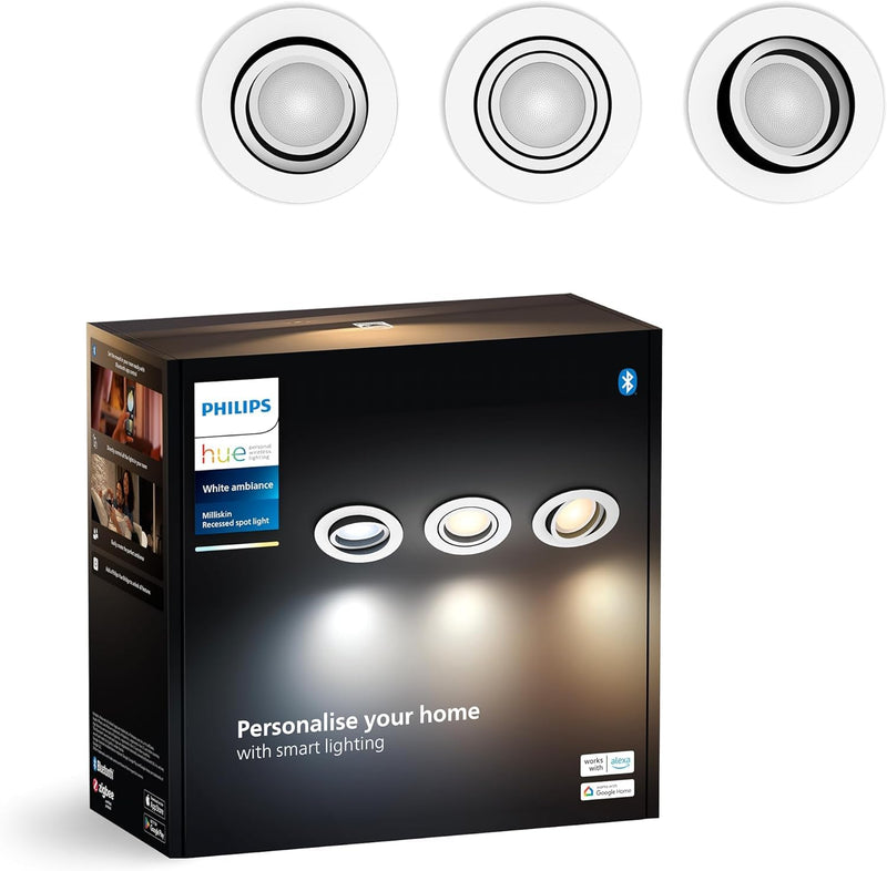 Philips Hue Milliskin White Ambiance Einbauspot, Weiß, (400lm / 70mm), 3er Pack, warm- bis kaltweißes Licht, steuerbar via App, kompatibel mit Amazon Alexa (Echo, Echo Dot), neue Generation