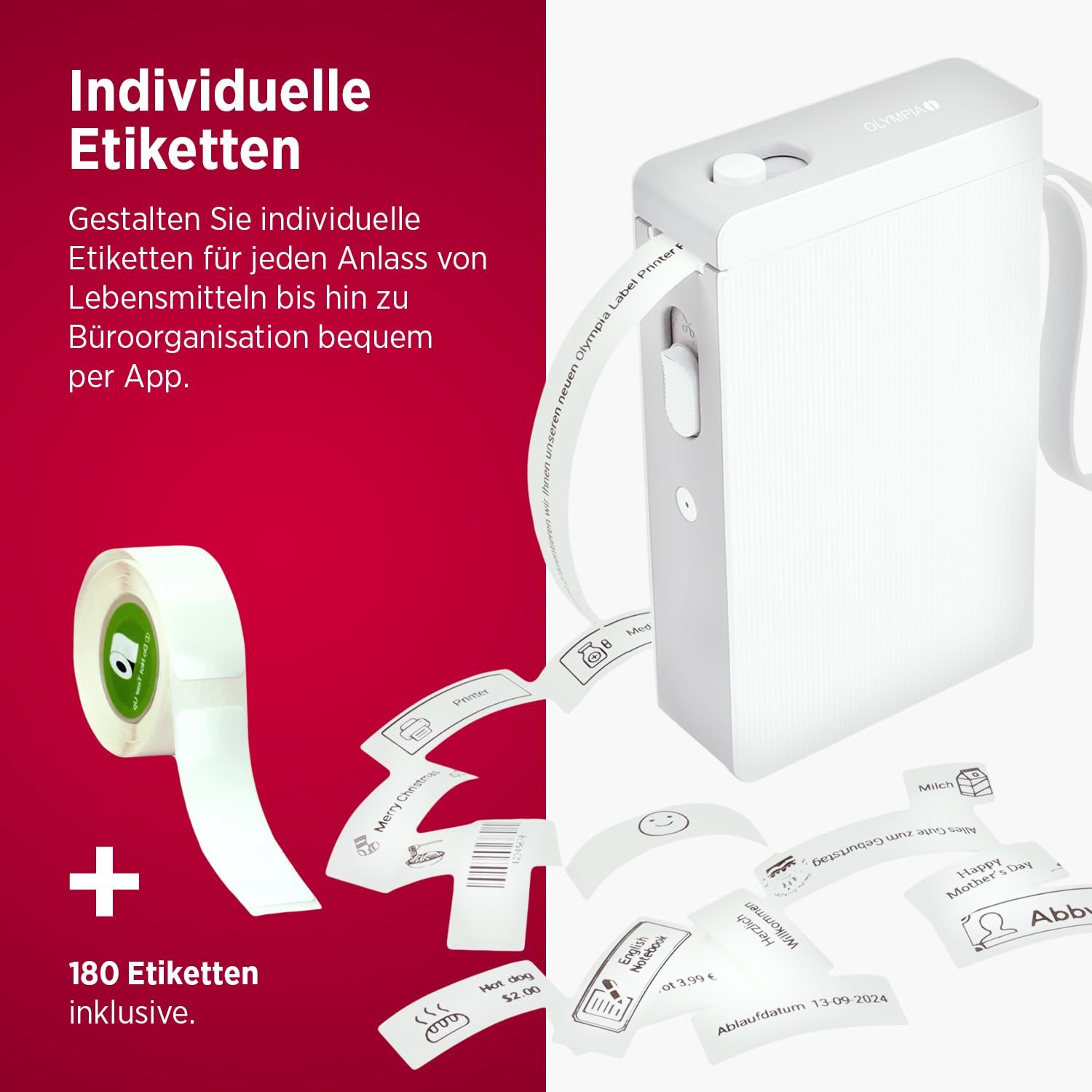 Olympia P22 Etikettendrucker | Etikettiergerät für Home Office & Bürobedarf | Bluetooth-Thermodrucker für Küche, Büro & Hobby | Label Printer für Endlospapier | Wasserfest & Abriebfest (Weiß)