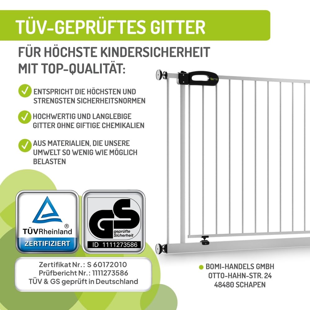 BOMI TÜV GS Siegel Türschutzgitter Merle | Zum Klemmen | 90° Stop | Schließt automatisch | Tuerschutzgitter weiß Metall Selbstschließend | Treppengitter zum Klemmen für Baby | Breite: 95-103 cm