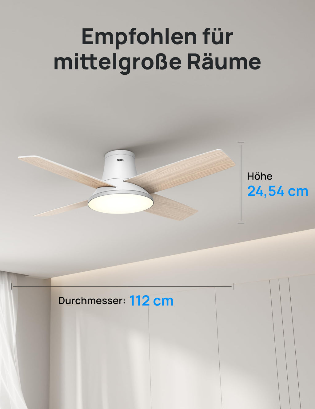 Dreo Ceiling Fan with Light and Remote Control, 44 Inch Flat Black Reversible 5CC 6 Level Dimmable 6 Speeds Quiet Timer Easy Assembly for Bedroom