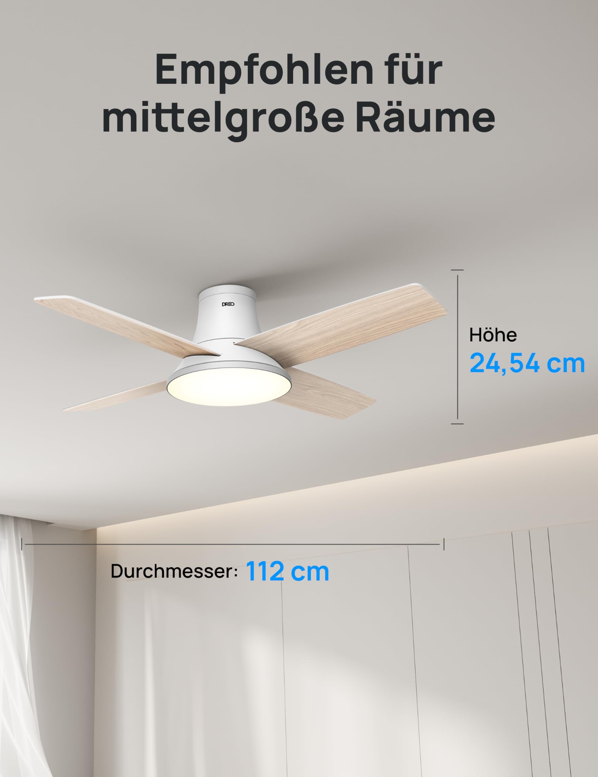 Dreo Ceiling Fan with Light and Remote Control, 44 Inch Flat Black Reversible 5CC 6 Level Dimmable 6 Speeds Quiet Timer Easy Assembly for Bedroom