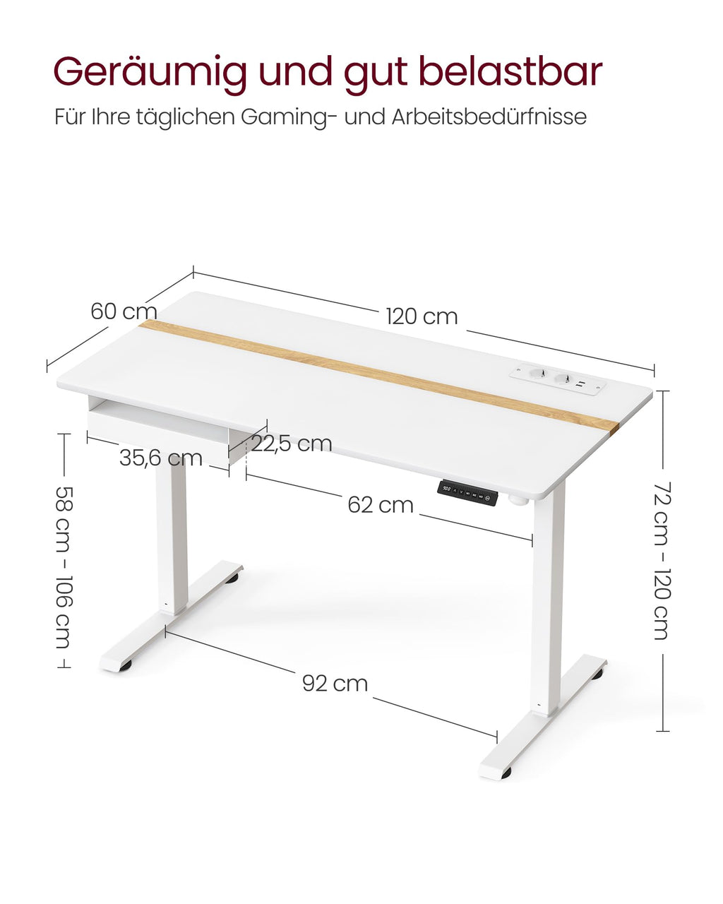 VASAGLE Höhenverstellbarer Schreibtisch elektrisch, 120 x 60 cm Tischoberfläche, Memory-Funktion mit 4 Höhen, mit Steckdosen und Stoffschubla, wolkenweiß-golichenfarben LSD112W01