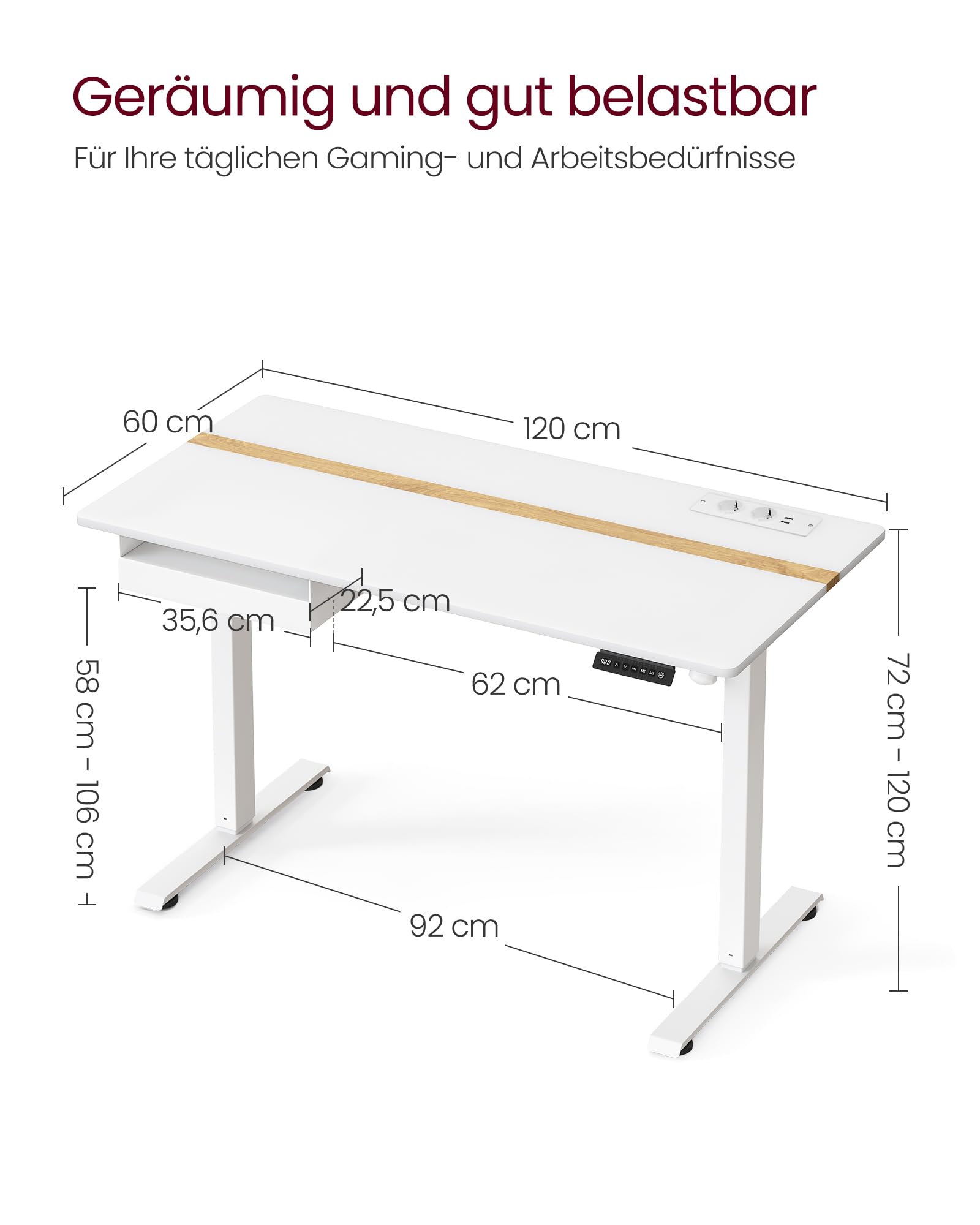 VASAGLE Höhenverstellbarer Schreibtisch elektrisch, 120 x 60 cm Tischoberfläche, Memory-Funktion mit 4 Höhen, mit Steckdosen und Stoffschubla, wolkenweiß-golichenfarben LSD112W01