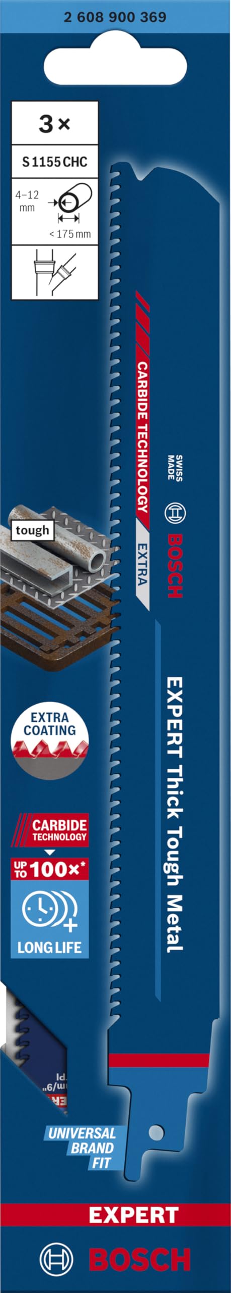 Bosch Professional 3x Expert ‘Thick Tough Metal’ S 1155 CHC Säbelsägeblatt (für Zäher Stahl, Gusseisen, Länge 225 mm, Zubehör Säbelsäge)