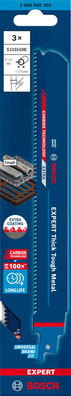 Bosch Professional 3x Expert ‘Thick Tough Metal’ S 1155 CHC Säbelsägeblatt (für Zäher Stahl, Gusseisen, Länge 225 mm, Zubehör Säbelsäge)