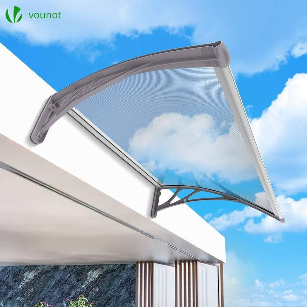VOUNOT Vordach für Haustür 100 x 80 cm, Überdachung Haustür aus Aluminium und Polycarbonat, Transparentes Pultbogenvordach, Pultvordach, Grau