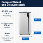De'Longhi Pinguino PAC EX105 Mobiles Klimagerät mit EcoRealFeel-Technologie, 10.000 BTU/h, für Räume bis 100m³, Entfeuchtungs- & Ventilationsfunktion, 24h-Timer, Energieeffizienzklasse A+++, Weiß