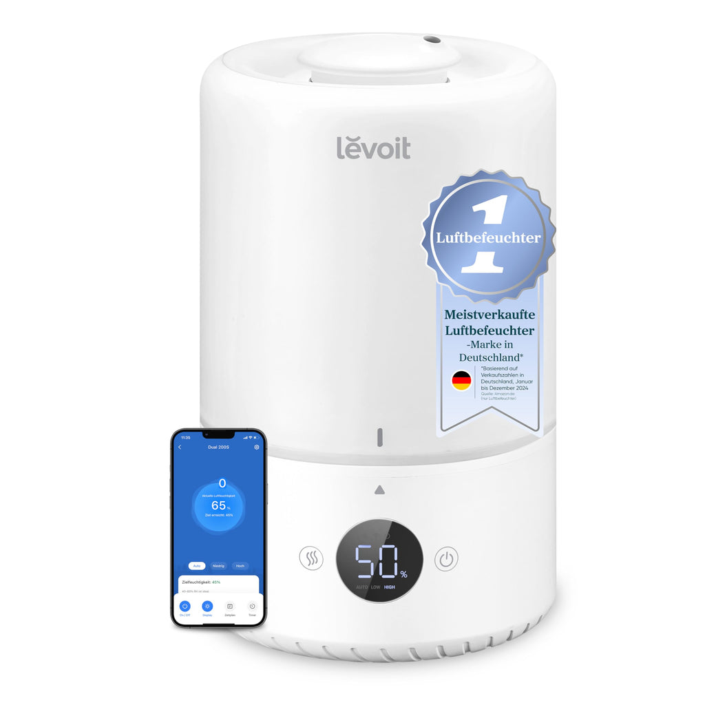 Levoit 19dB leise Top-Fill Luftbefeuchter, Smart Humidifier für Schlafzimmer, Baby, Luftfeuchtigkeit Sensor, Raumbefeuchter mit 360°Drehdüse für Kinderzimmer, Pflanzen, 3 L, Cremeweiß