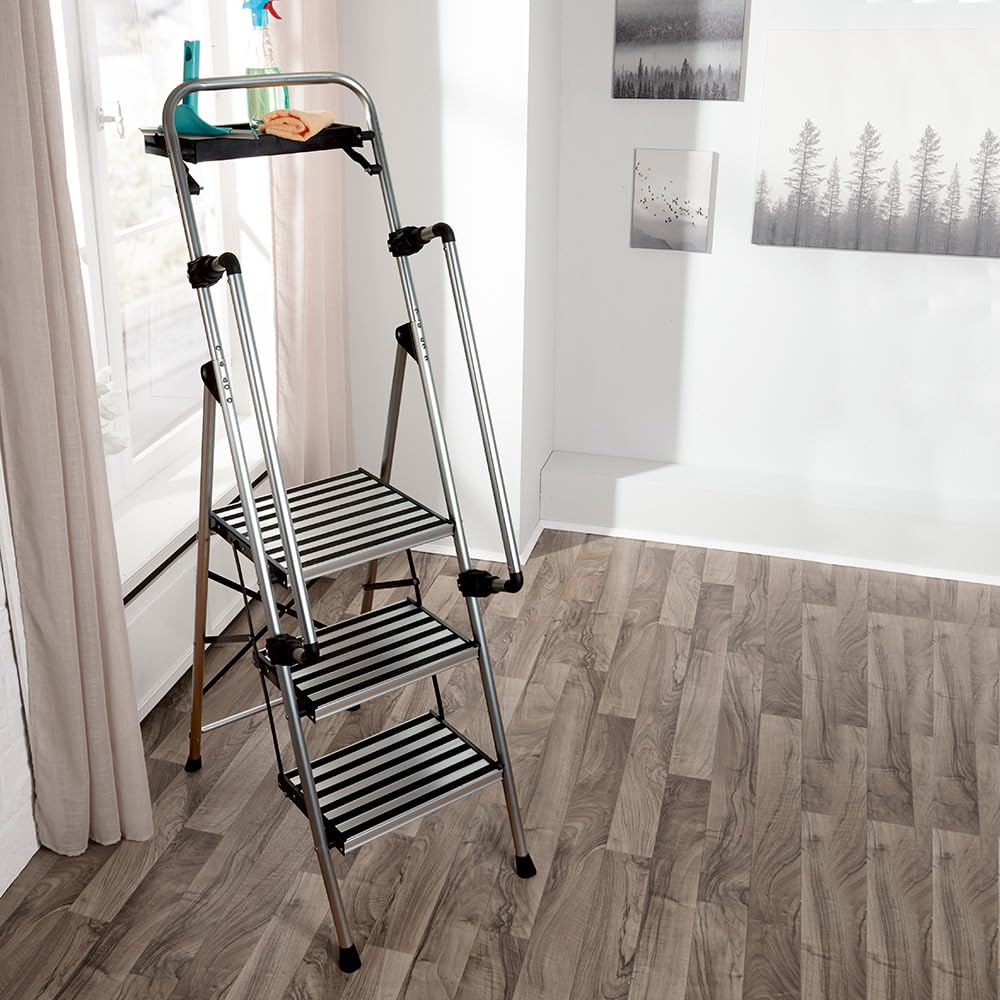 PROFI-PARTNER Stahl-Sicherheitsleiter, Trittleiter, Klappbare Handläufe, Klappleiter, 3 Stufen, Rutschsichere Plattform, TÜV Geprüft, Sicherer Tritt, Robust, bis 150 kg