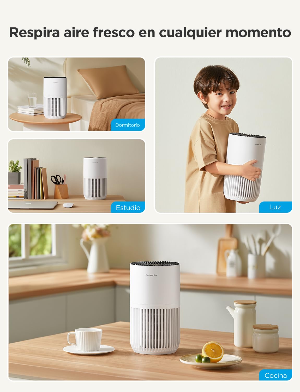 GoveeLife Mini-Luftreiniger fürs Schlafzimmer, intellig. HEPA-Filter mit Alexa-App-Steuerung gegen Tierhaare, Gerüche, Pollen, Rauch, Tragb. Luftreiniger mit 3 Geschwindigkeiten, 2 Modi, Timer, Aromen