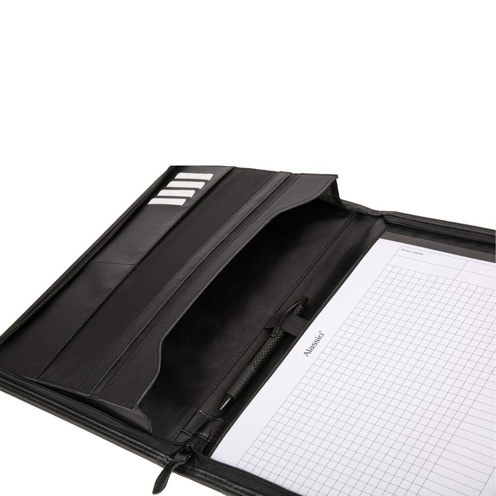 Alassio 30067 - Reißverschlussmappe DIN A4 LORENZO, Schreibmappe in schwarz Organisationsmappe ca. 34 x 25 cm, Konferenzmappe mit Block, Einschubfächern, Stiftschlaufe und 4 Visitenkartenfächer