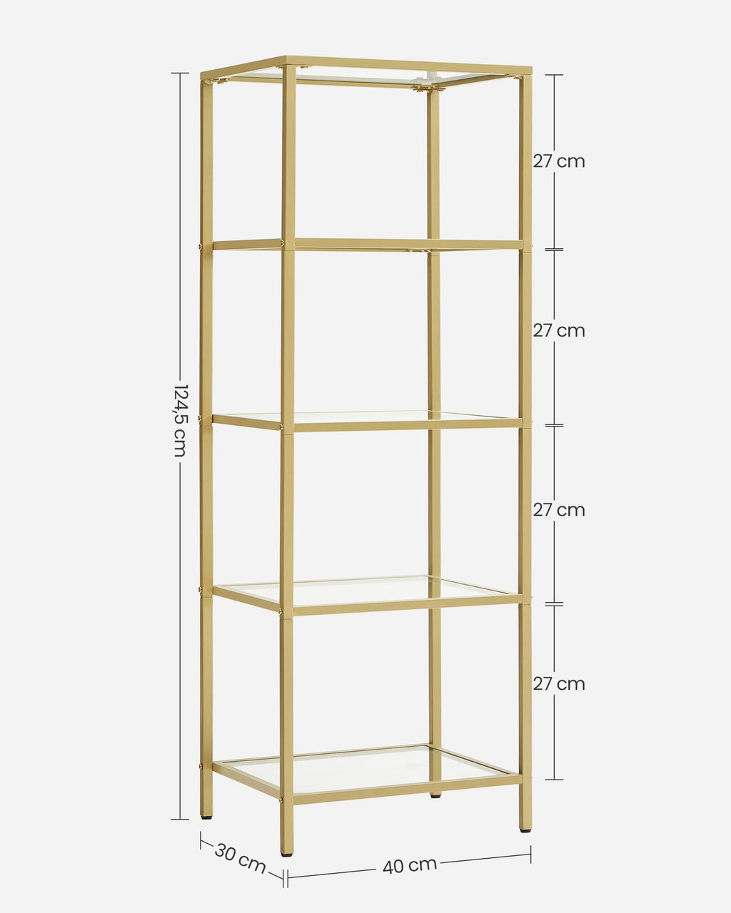 VASAGLE Regal mit 5 Ablagen, Badregal, gehärtetes Glas, einfache Montage, für Badezimmer, Wohnzimmer, Küche, Büro, transparent-metallisches Gold LGT029A01