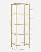 VASAGLE Regal mit 5 Ablagen, Badregal, gehärtetes Glas, einfache Montage, für Badezimmer, Wohnzimmer, Küche, Büro, transparent-metallisches Gold LGT029A01