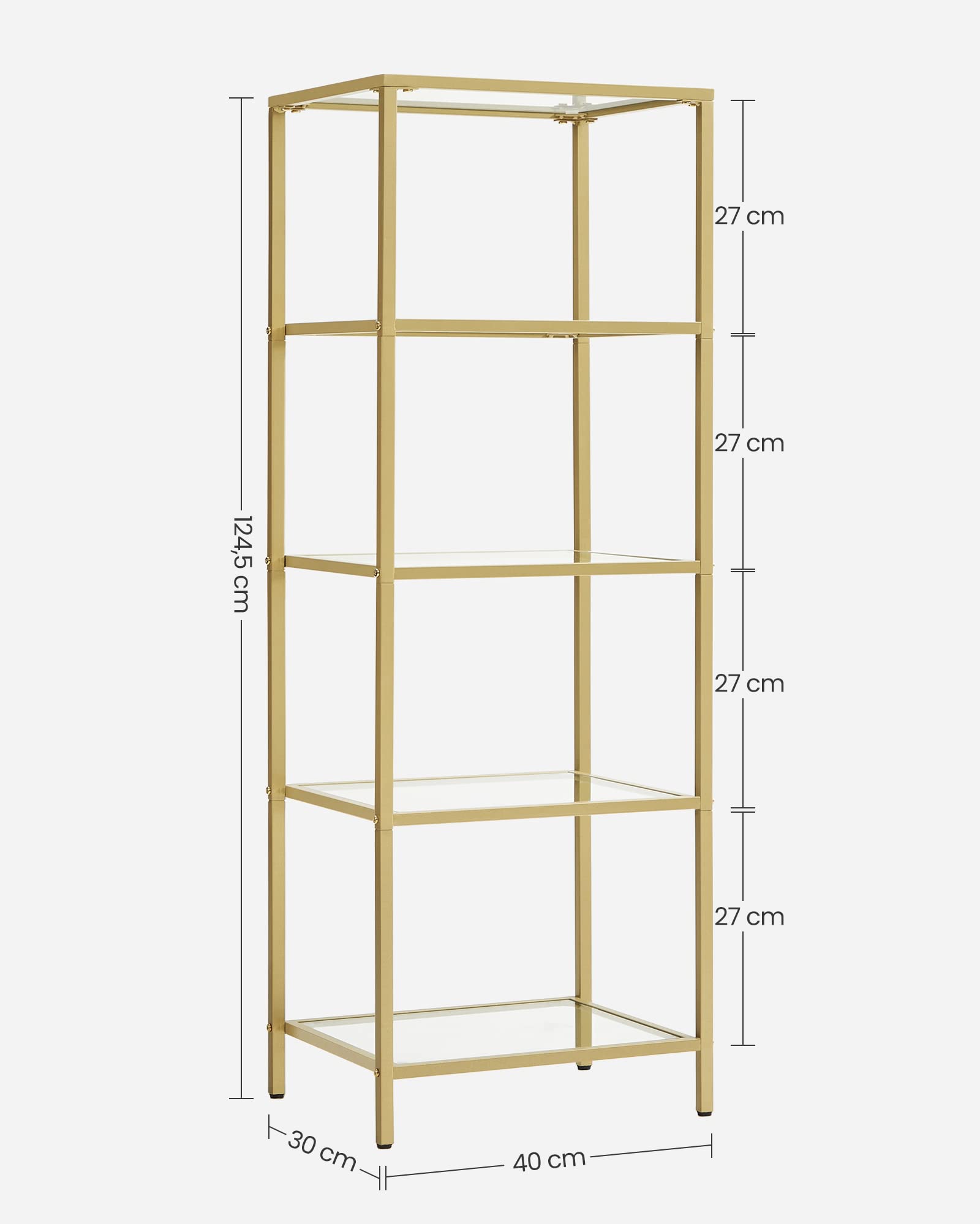 VASAGLE Regal mit 5 Ablagen, Badregal, gehärtetes Glas, einfache Montage, für Badezimmer, Wohnzimmer, Küche, Büro, transparent-metallisches Gold LGT029A01