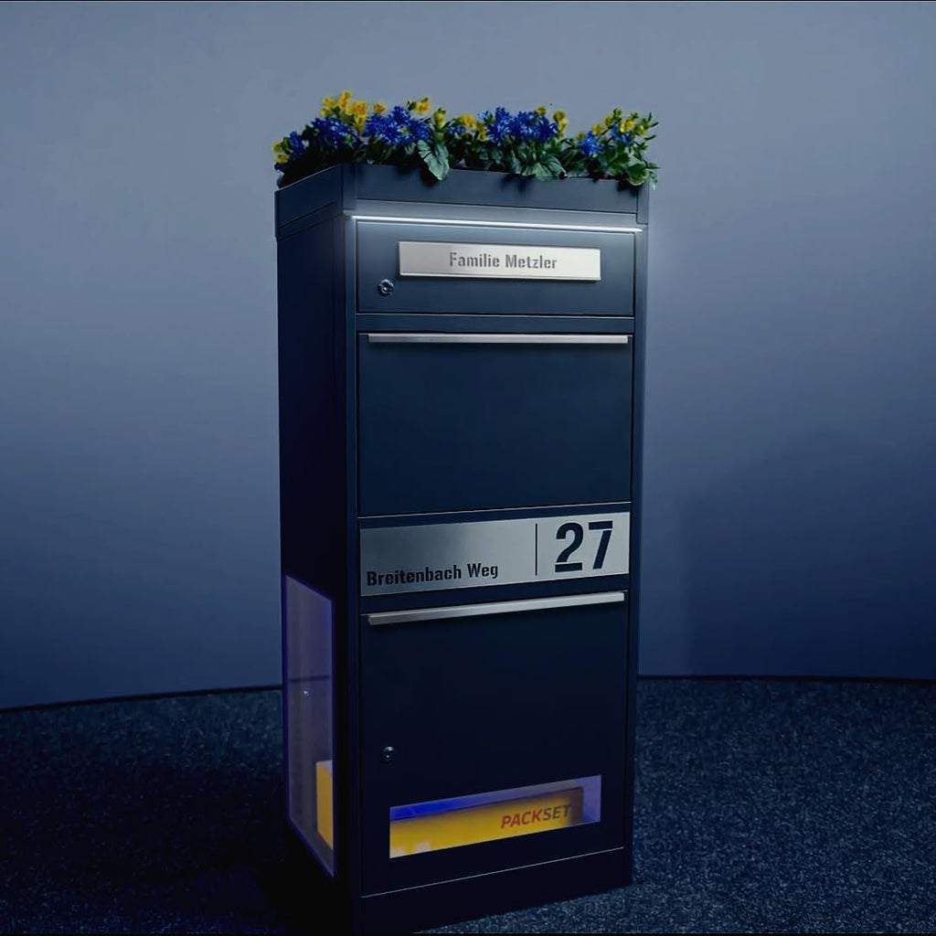 Metzler Paketbox, Briefkasten mit großem Paketfach in Anthrazit, personalisierte Paketbox für draußen, Standbriefkasten mit Paketfach, Paketkasten, Postbox mit Gravur, rostfrei und massiv - Bispo 2