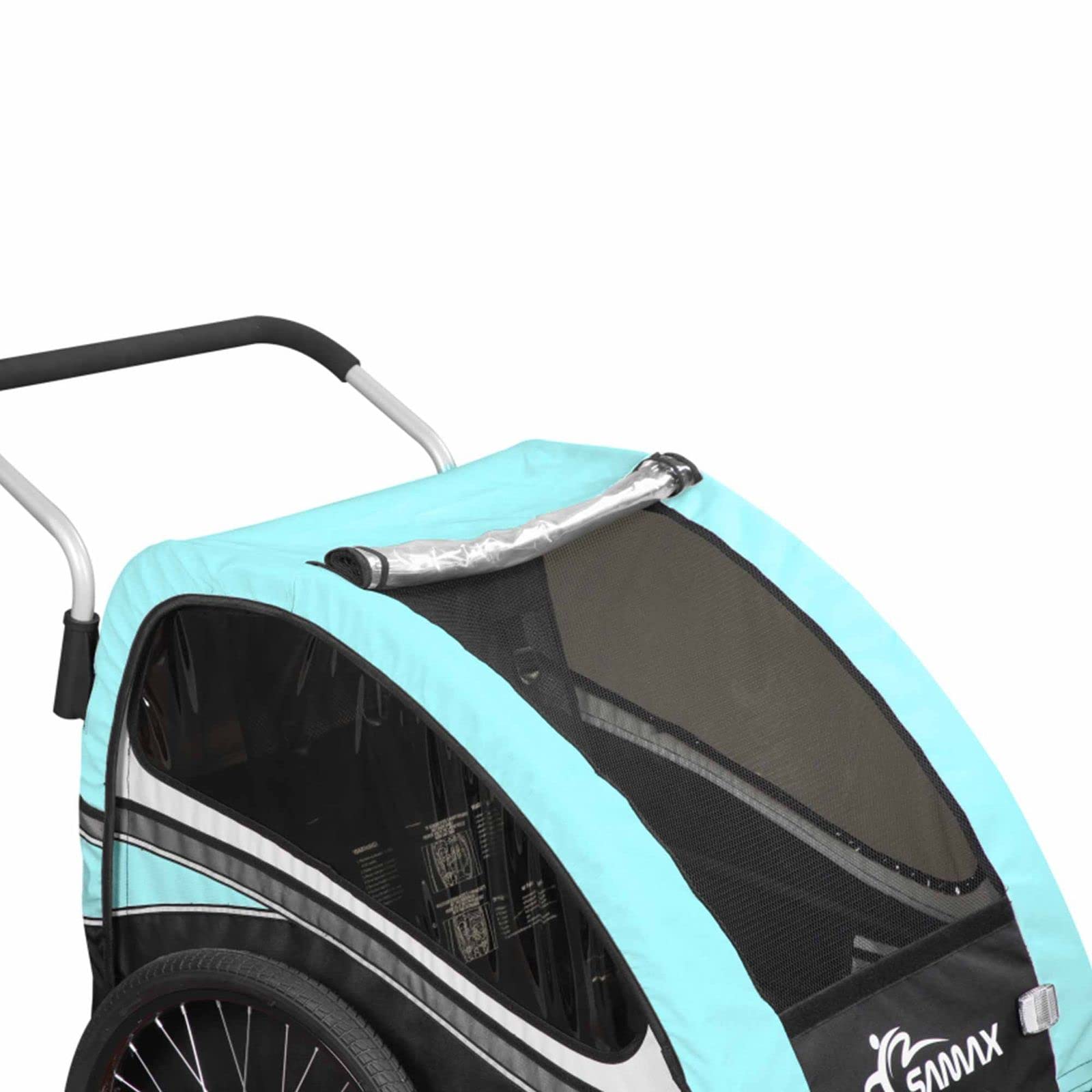 SAMAX Fahrradanhänger Jogger 2in1 360° drehbar Kinderanhänger Kinderfahrradanhänger Transportwagen vollgefederte Hinterachse für 2 Kinder in Türkis - Black Edition