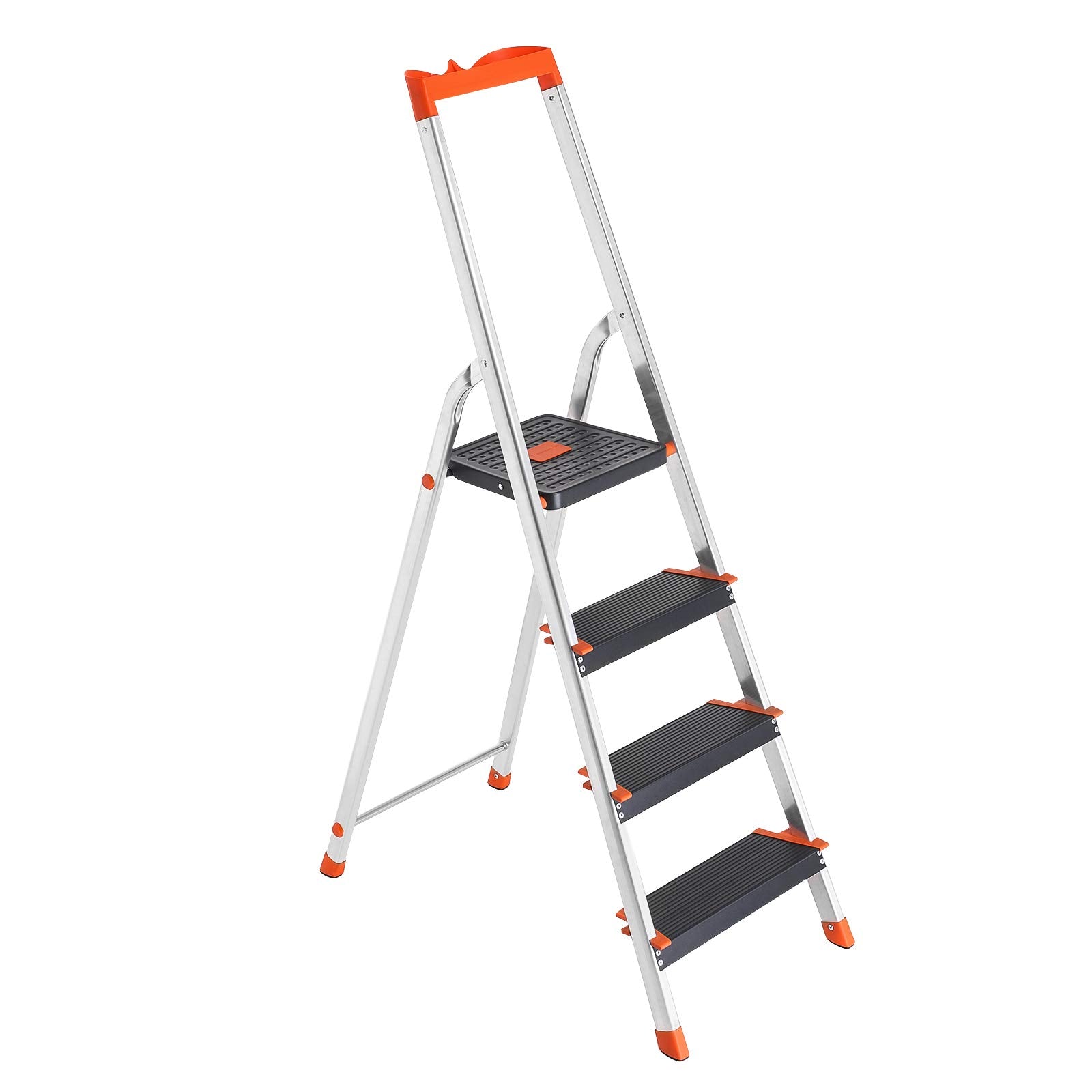 SONGMICS Leiter mit 4 Stufen, Aluleiter, 12 cm breite Stufen mit Riffelung, Anti-Rutsch-Füße, mit Handlauf, Werkzeugschale, bis 150 kg belastbar, schwarz-orange GLT04BK