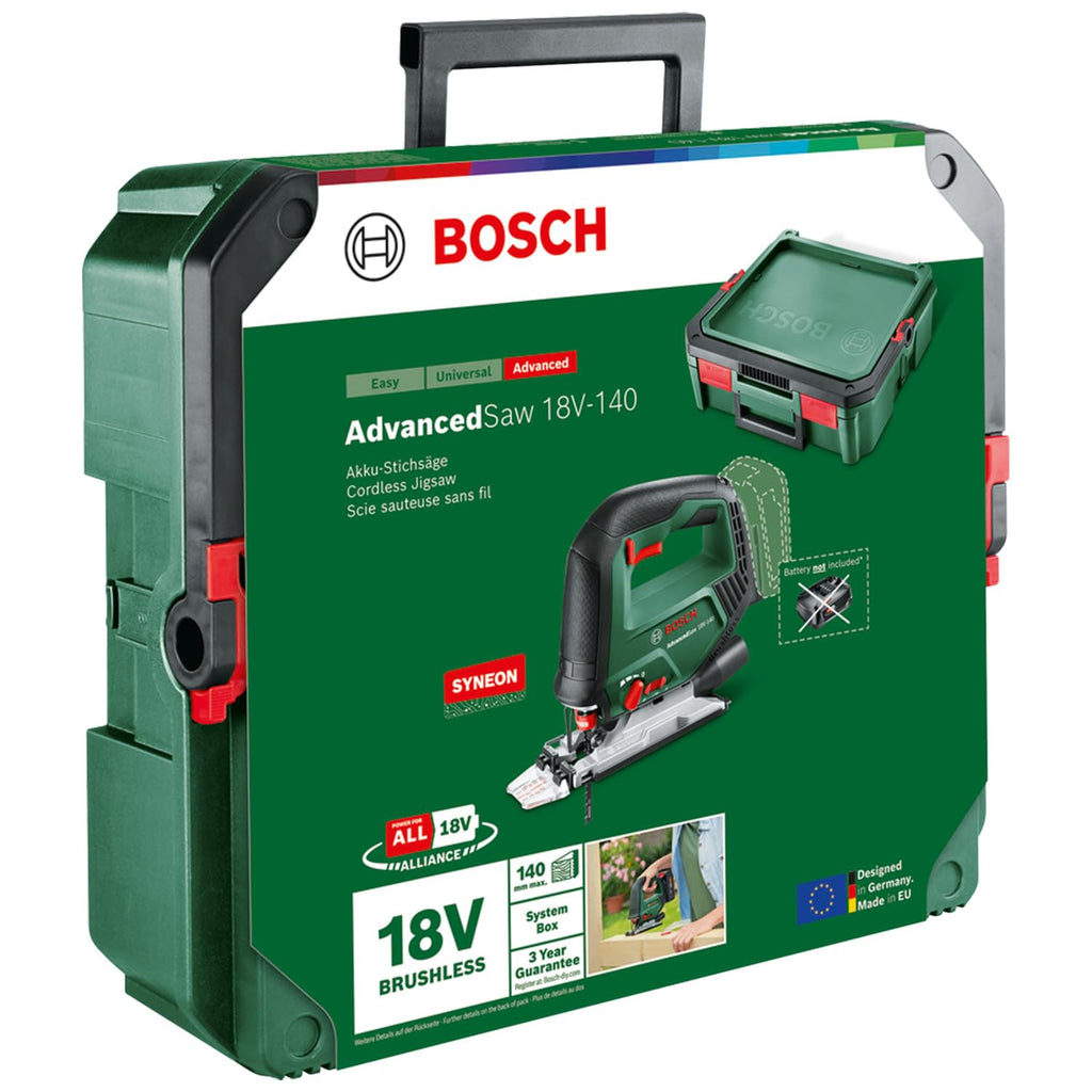 Bosch Akku-Stichsäge AdvancedSaw 18V-140 (Pendelhub, bürstenloser Motor, Schnitttiefe Holz,Stahl,Alu 140,10-20 mm, 3×Sägeblätter, 18-Volt-System, ohne Akku und Ladegerät, in SystemBox)– Amazon Edition