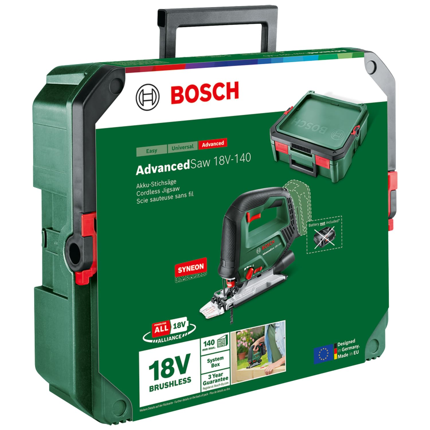 Bosch Akku-Stichsäge AdvancedSaw 18V-140 (Pendelhub, bürstenloser Motor, Schnitttiefe Holz,Stahl,Alu 140,10-20 mm, 3×Sägeblätter, 18-Volt-System, ohne Akku und Ladegerät, in SystemBox)– Amazon Edition