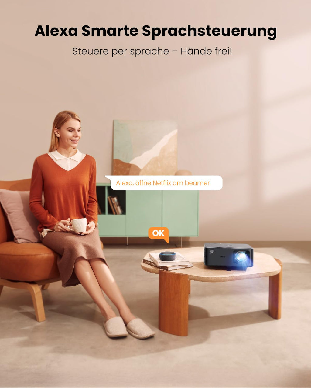 Beamer 4K mit Android TV 11.0, Sound by JBL, Dolby Audio, NFC, Autofokus, Auto Trapezkorrektur, WiFi6, Bluetooth, YABER K2s 1080P Full HD Beamer Heimkino Outdoor 300" Display Video Projektor